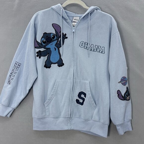 Disney Tops - STITCH Disney Ohana Lilo & Stitch Light BLUE Hoodie Zip Jacket SZ Medium Casual‎